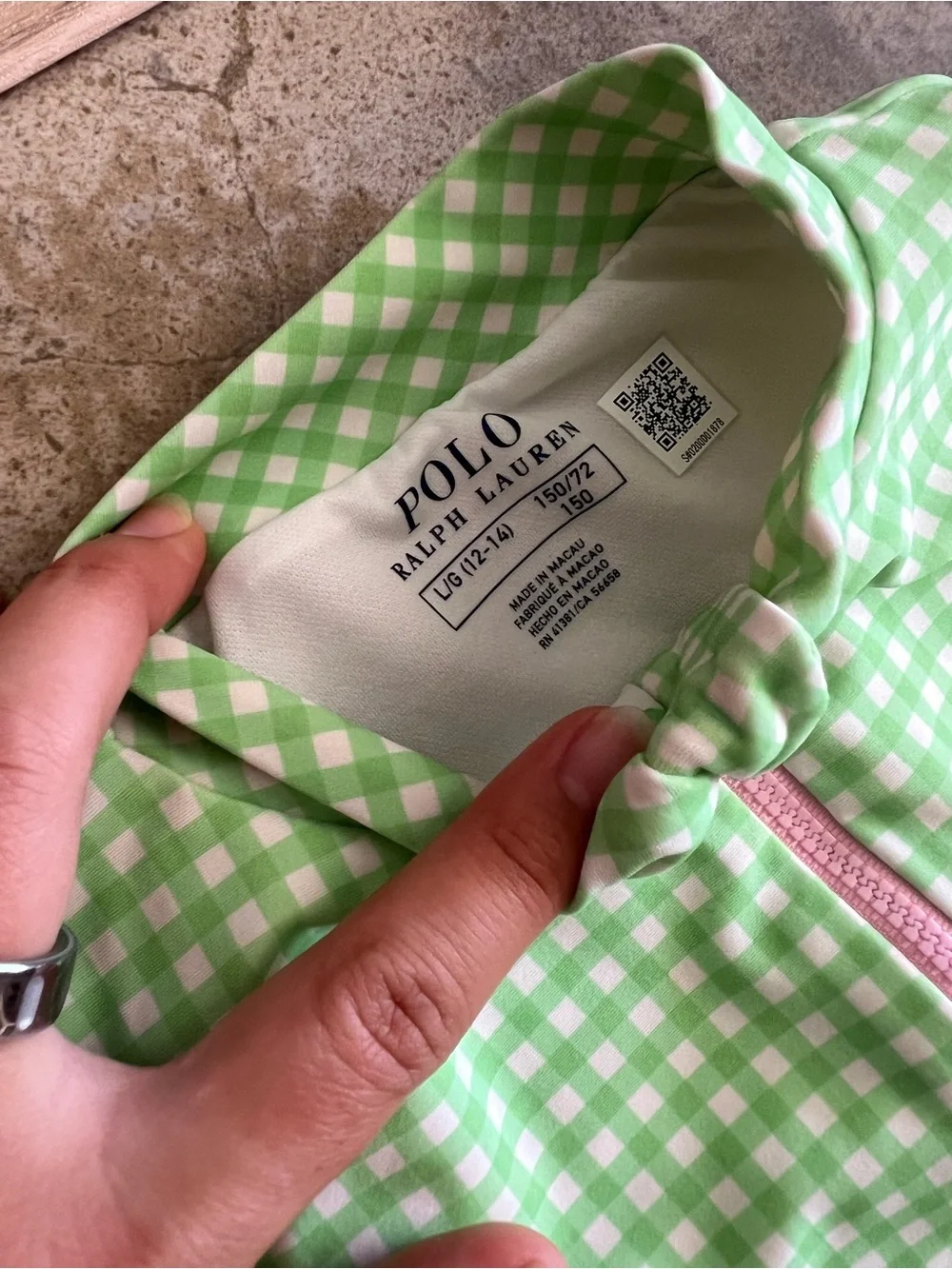 Polo Ralph Lauren Girls Ruffled Gingham Rash-guard Swimsuit 12-14 LRG GREEN/PINK